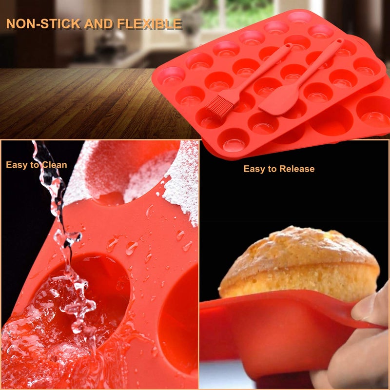 Helpcook Silicone Muffin Pan Cupcake Set, Non-Stick Regular 12 Cups and Mini 24 Cups,Silicone Baking Molds,BPA Free Muffin Tin with 1 Silicone Spatula & 1 Oil Brush (Red) - Image 4